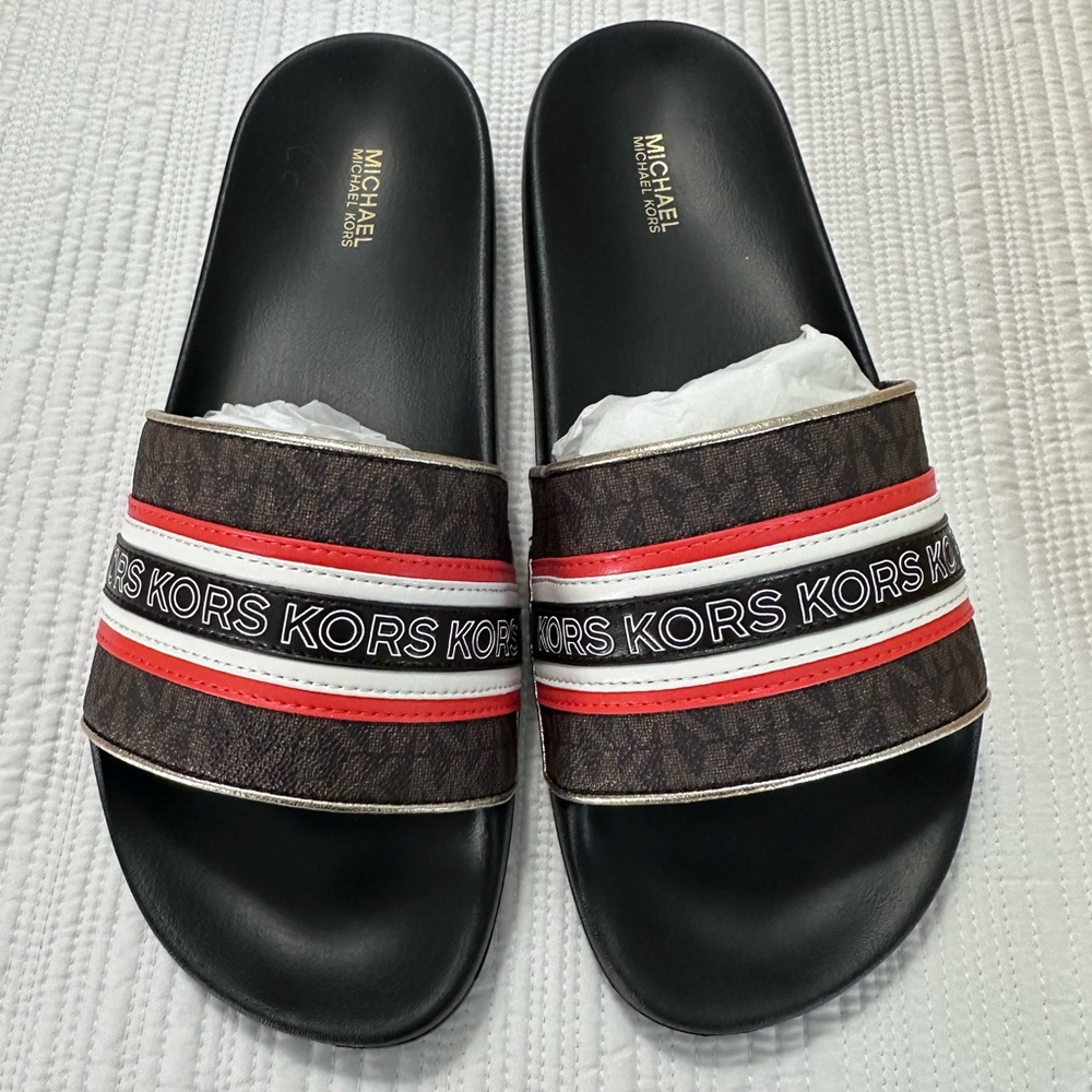Michael Kors Brown Black Red White Logo Slide Sandals